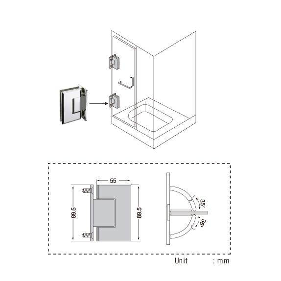 Hængsel væg/glas 90° med lukkefunktion