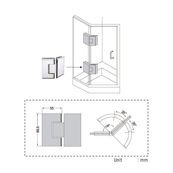 Hængsel glas/glas 135° med lukkefunktion