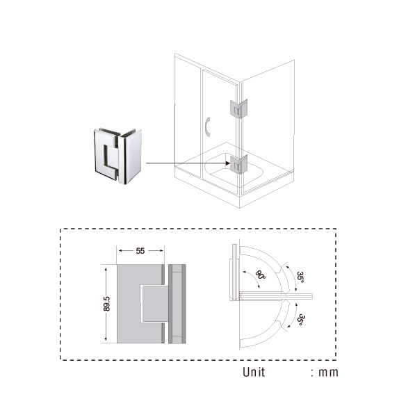 Hængsel glas/glas  90° med lukkefunktion