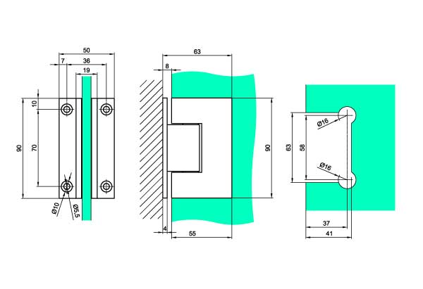 Hængsel væg/glas 90° med lukkefunktion