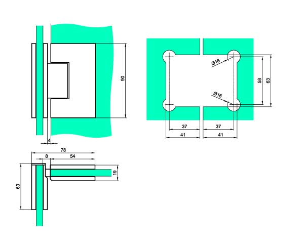 Hængsel glas/glas  90° med lukkefunktion