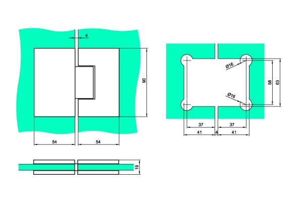 Hængsel glas/glas 180° med lukkefunktion