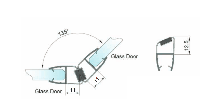 Transparent magnetliste til 135° brusedøre