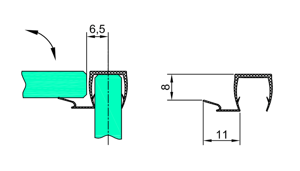 Transparent anslagsliste dør-glas 90°