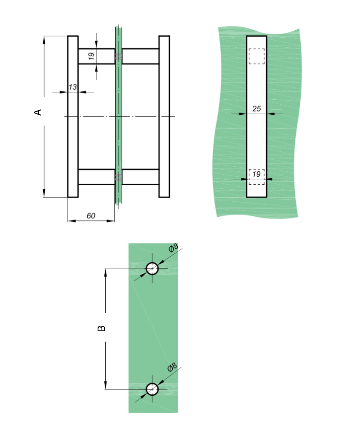 Firkantet greb rustfri stål 25-13 mm