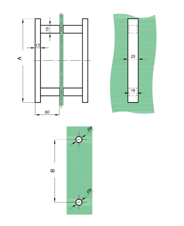Firkantet greb rustfri stål 25-13 mm