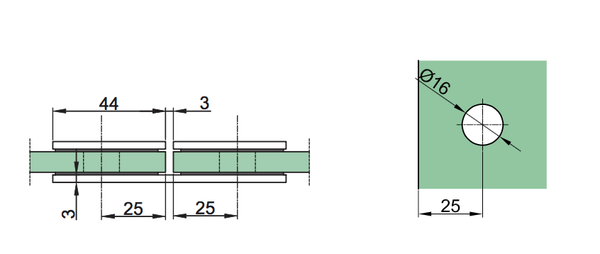 Fastglasbeslag glas/glas 45mm x 45mm 180°