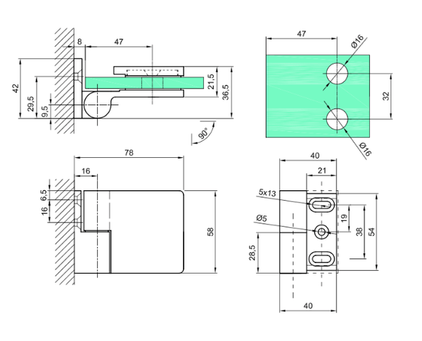 Hængsel væg/glas 90°, VERONA med lift funktion