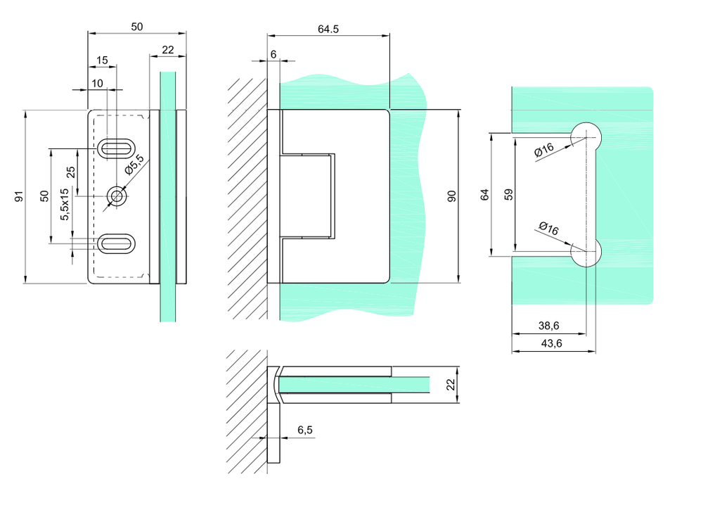 Hængsel væg-glas 90-grader VERONA PREMIUM