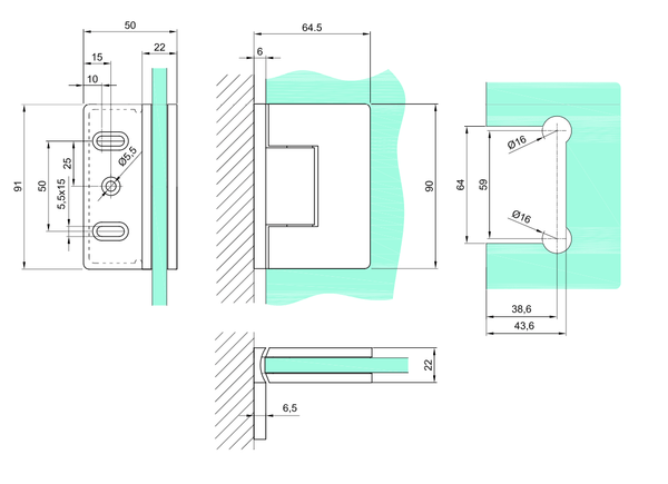 Hængsel væg-glas 90-grader VERONA PREMIUM