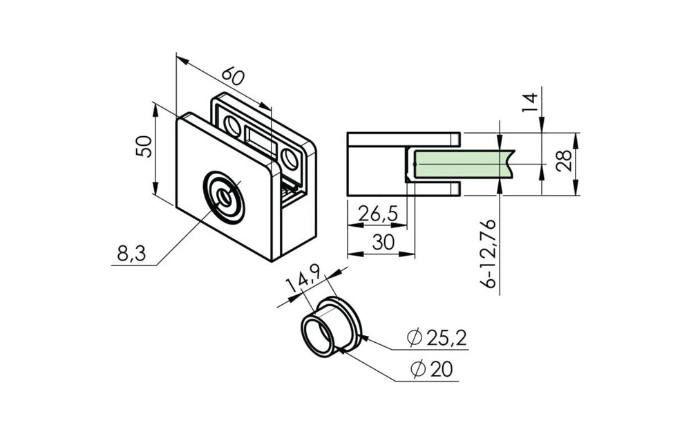 Firkantet glasklemme Model 21 til 12,76 mm glas