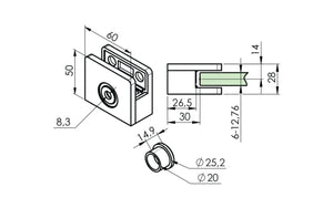 Firkantet glasklemme Model 21 til 8 mm glas
