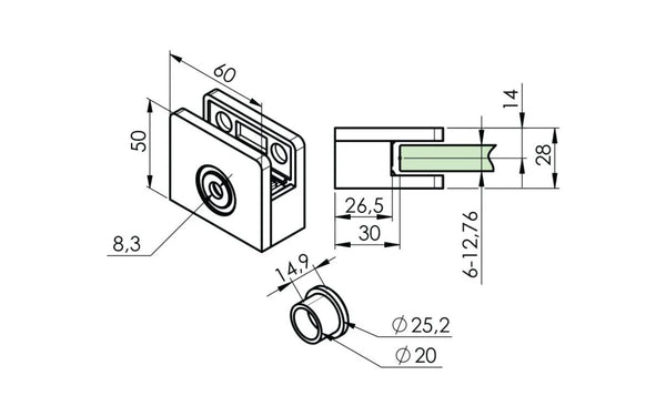 Firkantet glasklemme Model 21 til 8 mm glas