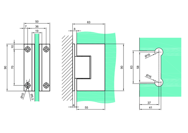 Hængsel væg-glas 90°