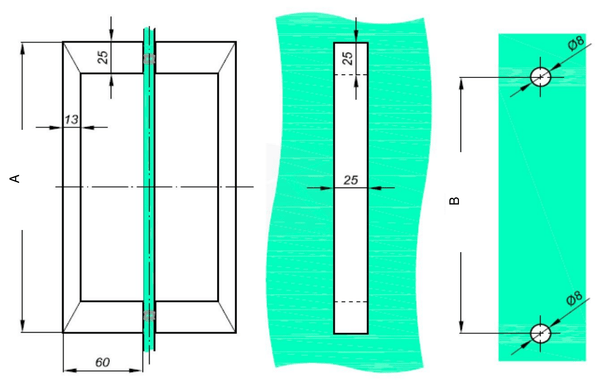 Firkantet greb rustfri stål 25-13-25 mm