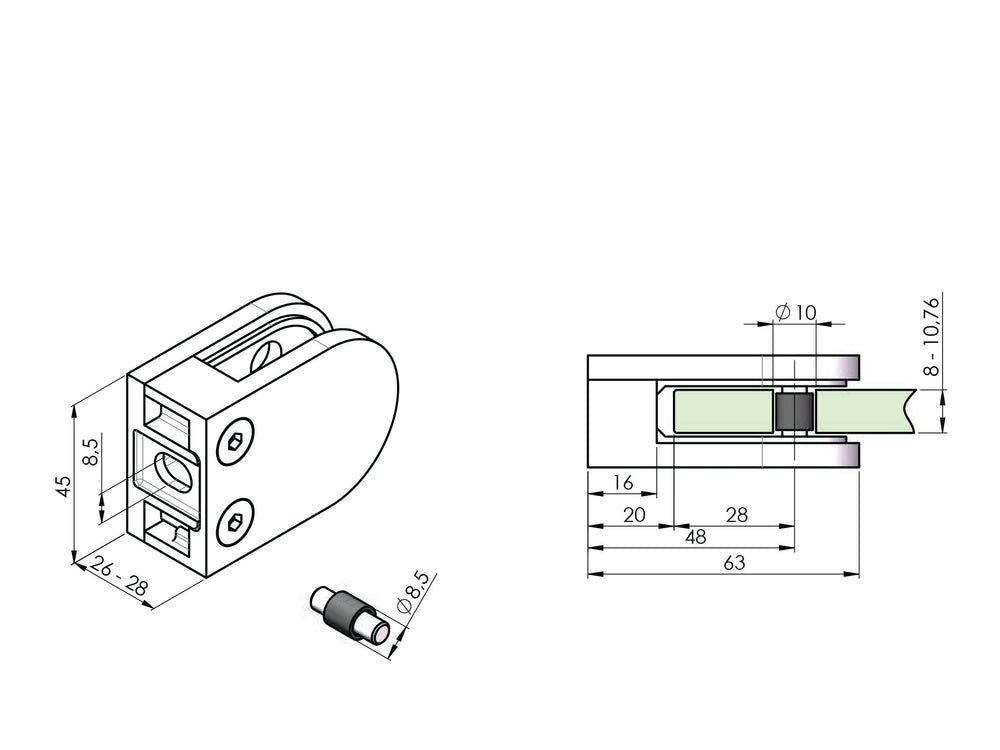 Glasklemme med pin Model 22 i Zink til 10,76 mm glas