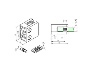 Glasklemme med plade+pin Model 23 i Zink til 10,76 mm glas