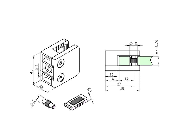 Glasklemme med plade+pin Model 23 i Zink til 10,76 mm glas