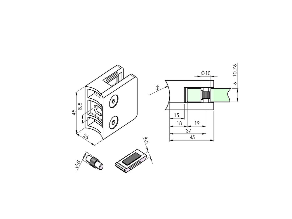 Glasklemme med plade+pin Model 23 til 10,76 mm glas