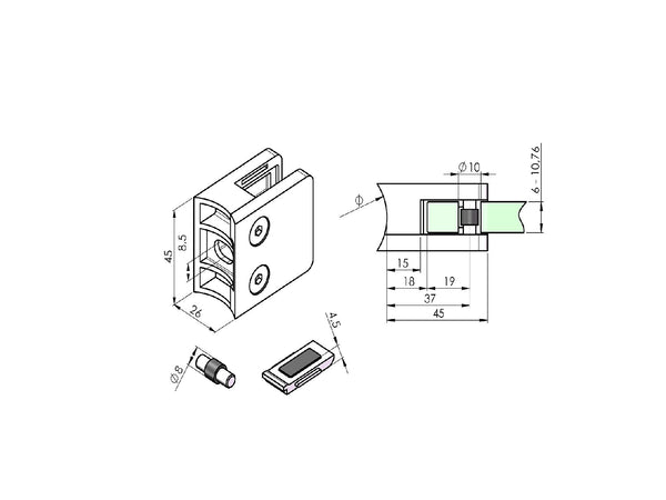 Glasklemme med plade+pin Model 23 til 10 mm glas